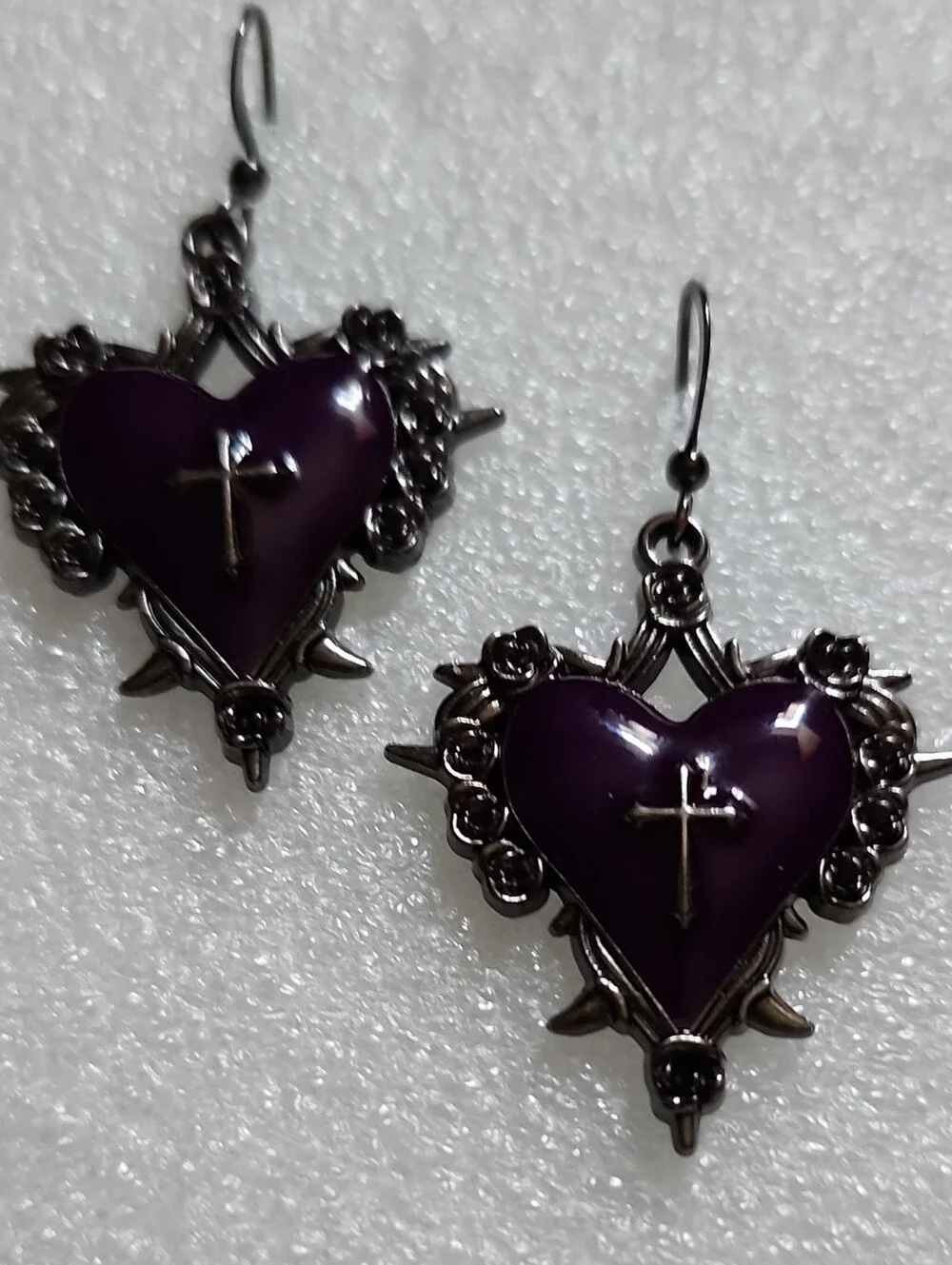Hand Crafted Purple Heart Cross Dangle Earrings with Floral Frame
